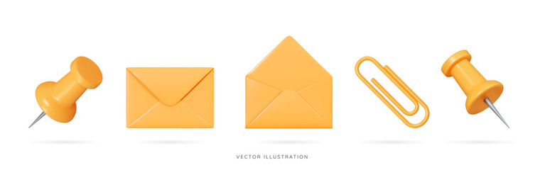 3D Yellow supplies emoji icon set. Stationery push pin, paper clip. Open and closed envelopes. Business and education concept. School elements. Cartoon design objects. 3D Vector Illustration