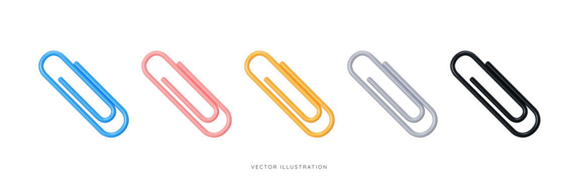 3D Paper clip emoji icon set. Office paperclip in blue, pink, yellow, silver and black colors. School supplies. Stationery elements. Cartoon design objects isolated on white. 3D Vector Illustration