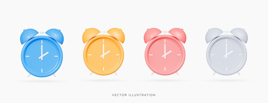 3D Alarm clock emoji icon set. Table clock in blue, yellow, pink and silver colours. Wake up time. School and office supplies. Reminder concept. Cartoon design elements. 3D Vector illustration