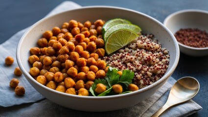 Buddha bowl with roasted chickpeas and quinoa closeup
