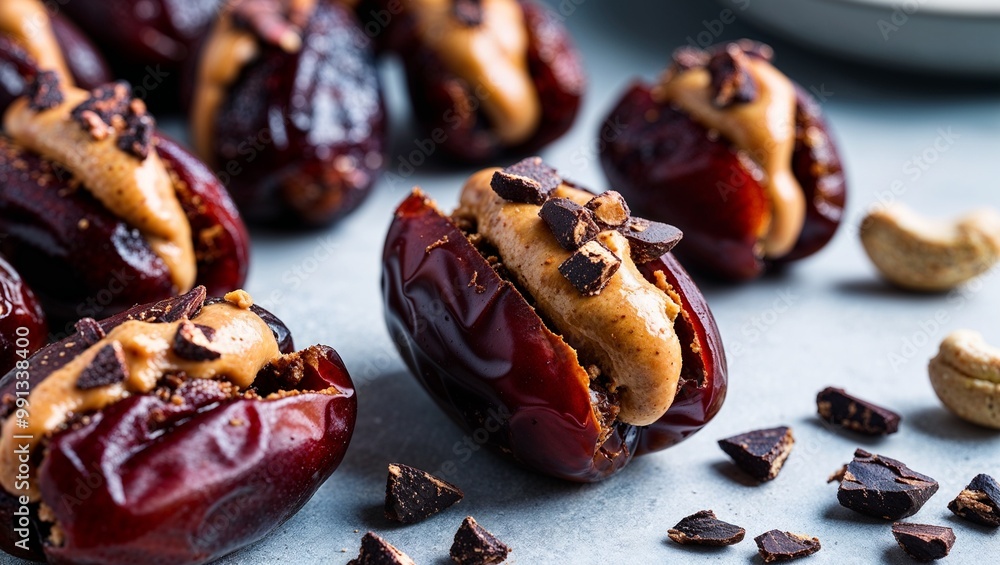 Poster cashew butter stuffed dates with cacao nibs closeup