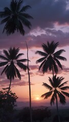 Obraz premium Serene Tropical Sunset with Palm Trees and Lush Ferns Against a Vibrant Purple Sky