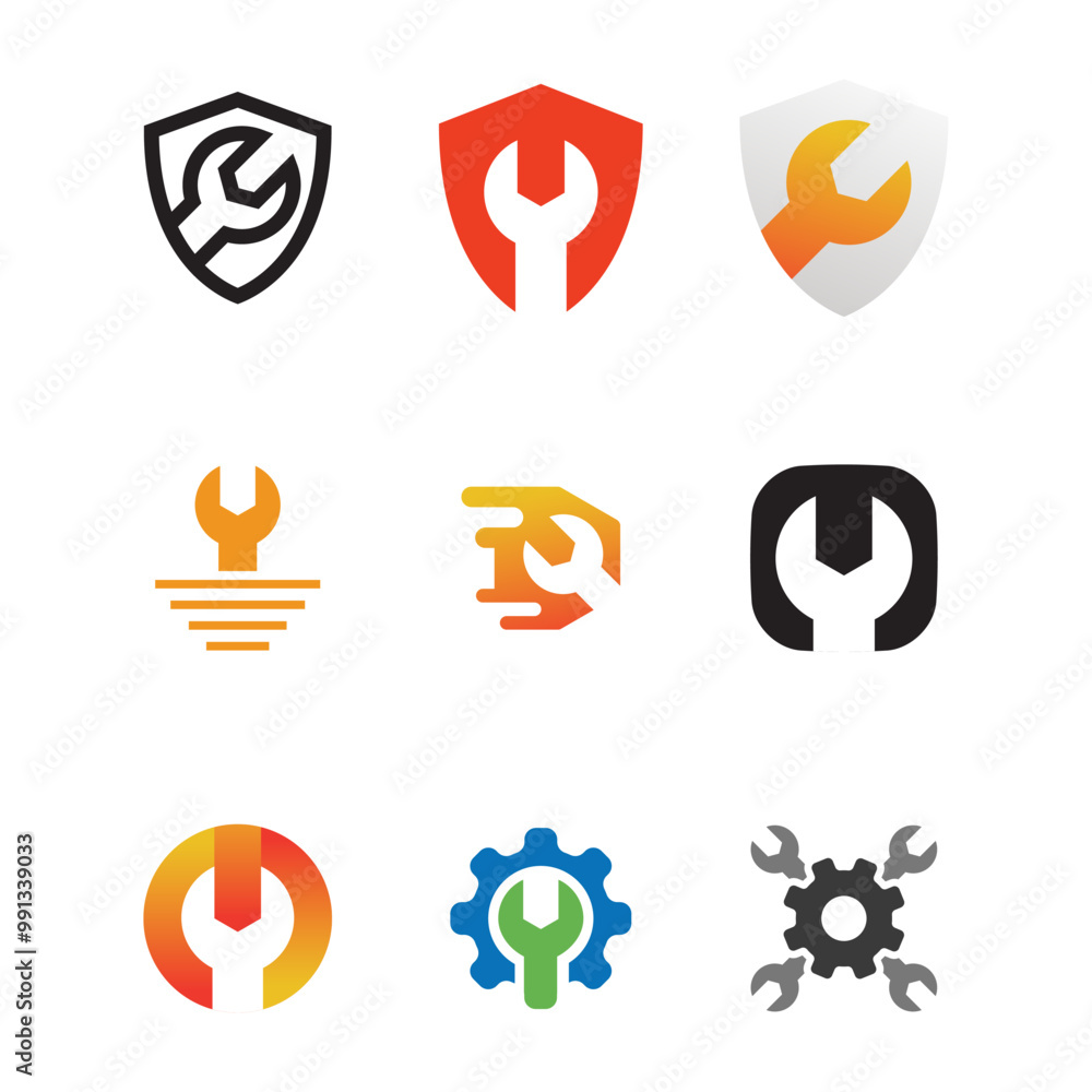 Poster set of wrench logos with various shapes and uses