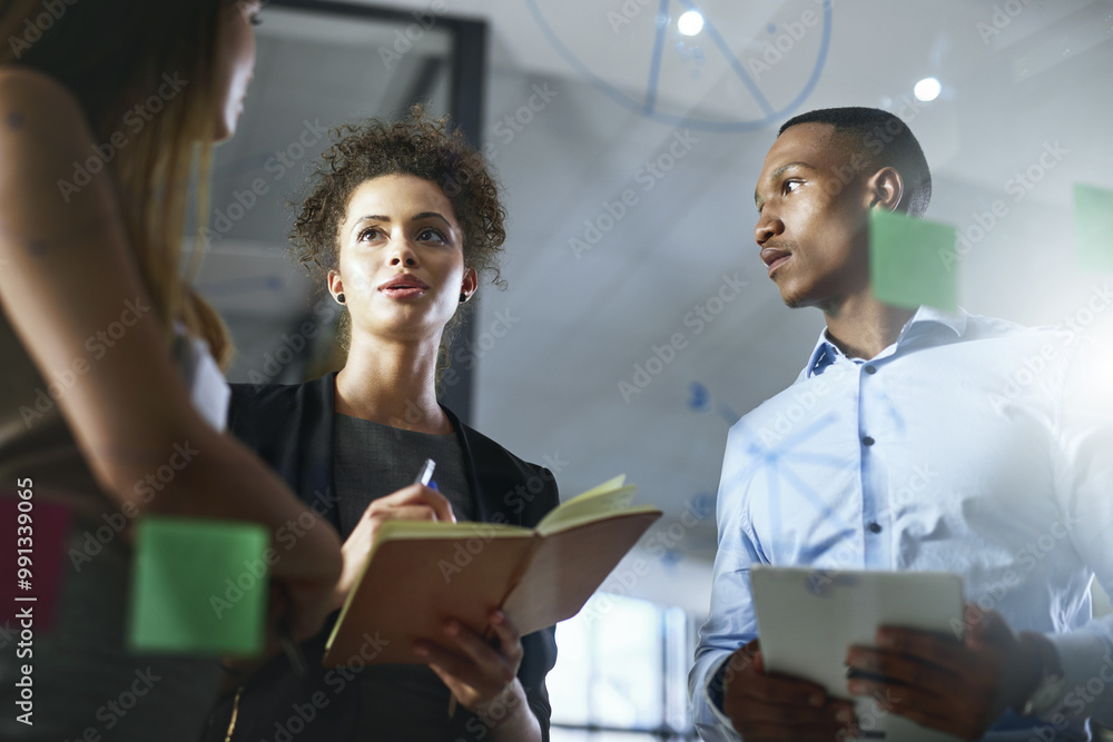 Poster Sticky notes, group and ideas of team, planning and collaboration of people or talking for paperwork. Notebook, writing and financial advisor with document or brainstorming for investment opportunity