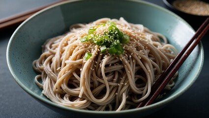 Chilled soba noodles with sesame dressing closeup