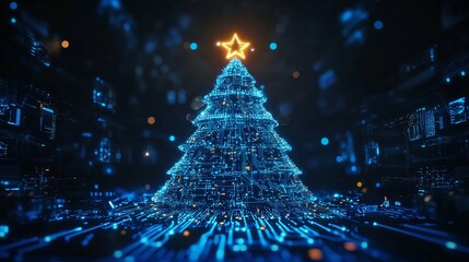 The futuristic neon light Christmas tree is shaped with a glowing circuit in a high-tech environment. Generated ai