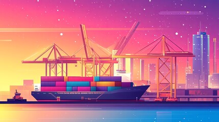 Obraz premium A vibrant illustration of a shipping port at sunset, featuring a cargo ship and cranes amidst a city skyline.