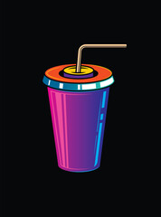 Fast food plastic cup with straw. Hot or cold drink. Original vector illustration in vintage style.