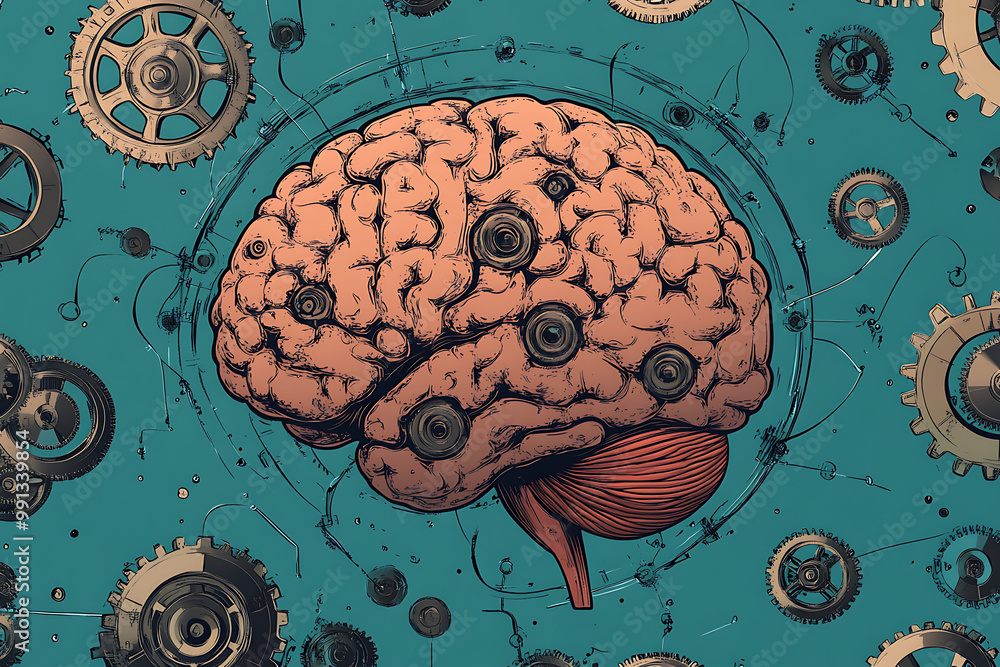 Poster a stylized brain surrounded by gears, symbolizing the connection between thought and mechanics.