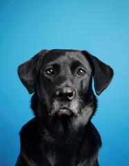Fototapeta premium Portraits of a black dog, showcasing the dog's expressive face and glossy fur in a simple, elegant composition.