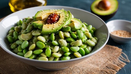 Edamame avocado salad with sesame oil closeup