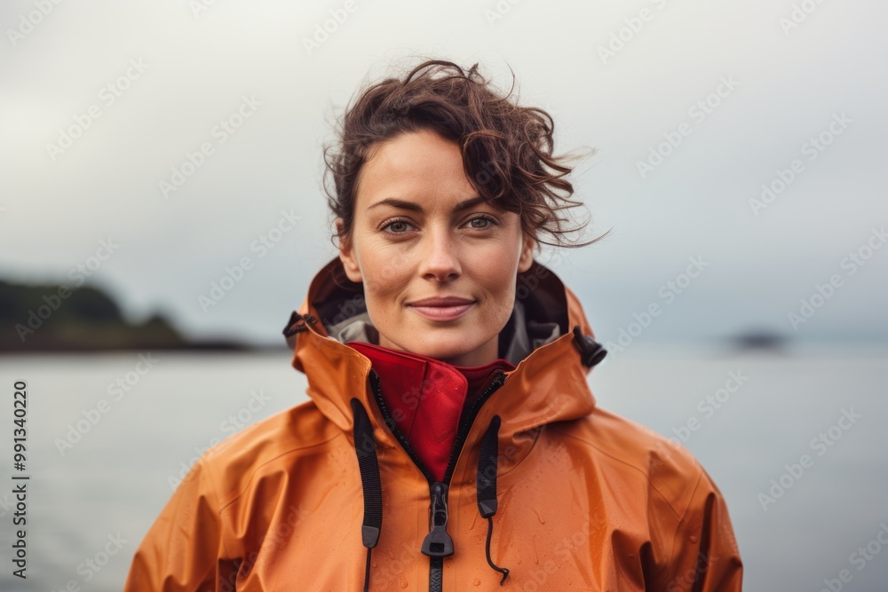 Canvas Prints Portrait of a merry woman in her 30s sporting a waterproof rain jacket isolated in calm bay background