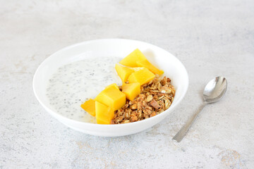 a bowl of oatmeal with mango, chia seeds, coconut milk and a spoon