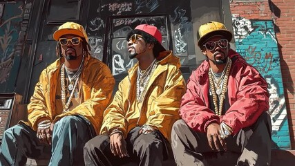 An illustration of a 1980s hip hop crew hanging out on a city stoop, wearing gold chains, oversized jackets, and bucket hats, with a backdrop of graffiti and boom boxes.