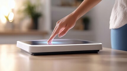 Fototapeta premium A hand interacts with a modern touchscreen device on a table, illustrating technology use.
