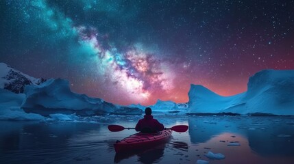 A kayaker boating in sea water with iceberg and beautiful milky way starring night sky