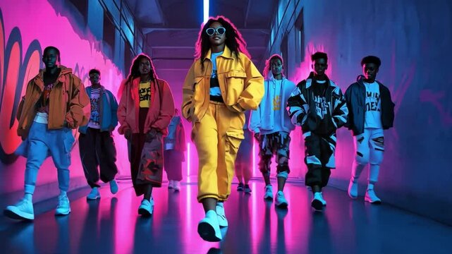 An illustration of a 1980s hip-hop fashion runway, featuring models in oversized jackets and high-top sneakers, set against a neon-lit backdrop with graffiti art.