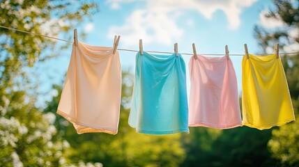 A clothesline with laundry hanging on it against a serene outdoor background, providing ample space for copy.
