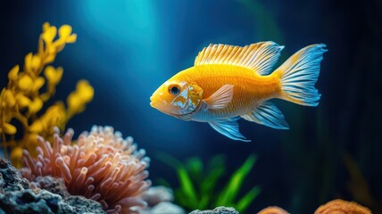 Fish swimming in a vibrant aquarium, with colorful corals and decorations inside a living room   fish tank, aquatic pets at home
