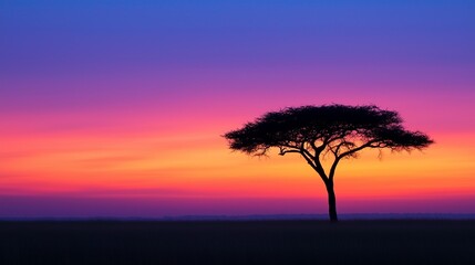 A solitary tree silhouetted against a breathtaking sunset, showcasing vibrant hues of orange, pink, and blue in the sky.