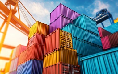 Fototapeta premium A vibrant stack of shipping containers at a port, showcasing colors and industrial logistics.
