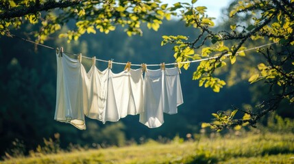 A clothesline with laundry hanging on it against a serene outdoor background, providing ample space for copy.