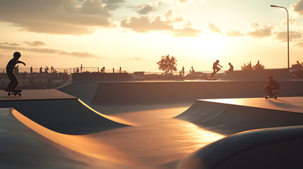 Fototapeta premium background with a skateboarding park, featuring ramps, rails, and skaters performing tricks