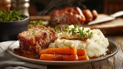Delicious meatloaf served with creamy mashed potatoes, steamed carrots, and a garnish of herbs on a rustic wooden table.