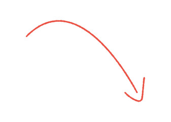 斜め下の方向を指している手書きの赤い矢印 - シンプルでおしゃれな細い線の記号や装飾の素材