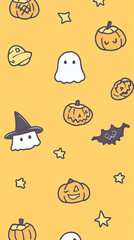 Fototapeta premium Hand-drawn cute Halloween Instagram Stories or phone wallpaper, vector illustration with a playful and whimsical style, featuring cute ghosts, pumpkins, black cats, witch hats, spider webs, stars, and