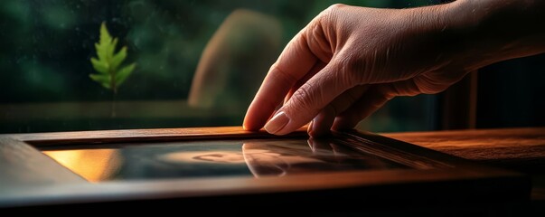 A close-up of a hand gently touching an old photograph, capturing the bittersweet pain of remembrance and the search for emotional closure, Isolated background, soft shadows,
