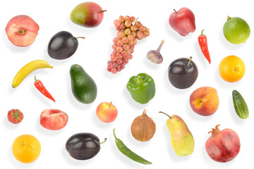 Set bright appetizing fruits and vegetables with light shadow