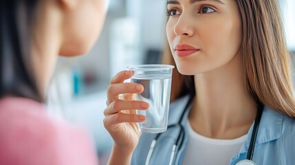 A healthcare professional offers a glass of water to a patient, emphasizing care and support.