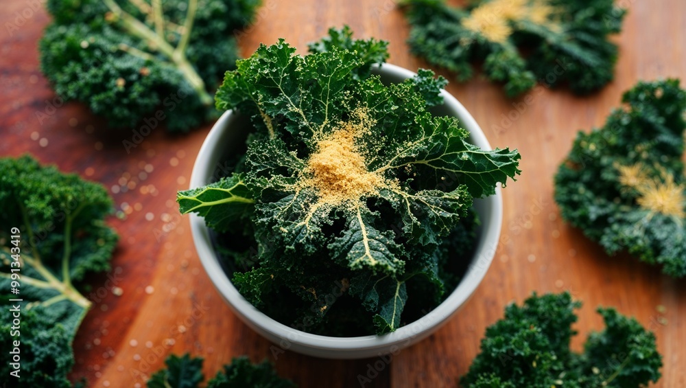 Poster Kale chips with nutritional yeast seasoning closeup