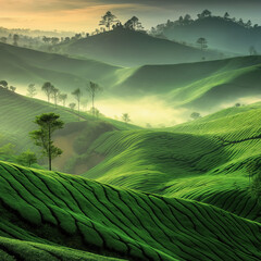 Enchanting scenery of foggy tea plantations on hillsides landscape with morning sun light.