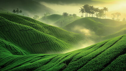 Enchanting scenery of foggy tea plantations on hillsides landscape with morning sun light.