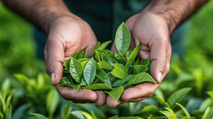 Hands holding a handful of fresh tea leaves on the tea plantation