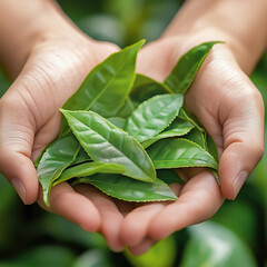 Hands holding a handful of fresh tea leaves on the tea plantation