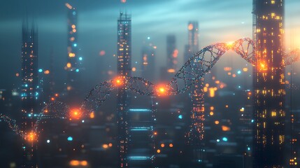 Fototapeta premium Futuristic Cityscape with DNA Strand