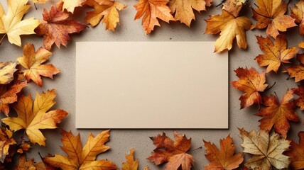 Delicate autumn branches and falling leaves surrounding image borders, beige plain center, Seasonal border, space for text overlay