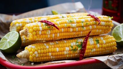 Mexican street corn elote with chili and lime closeup