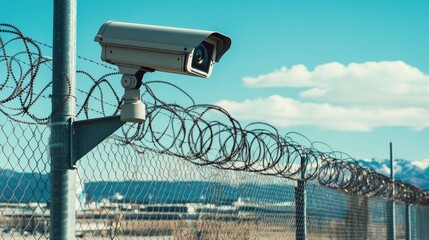 Obraz premium A large outdoor surveillance camera attached to a metal pole, monitoring the perimeter of an industrial facility with barbed wire fences.