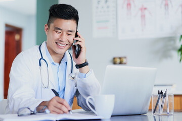 Doctor, smile and man with phone call in office for medical advice, communication and update to...