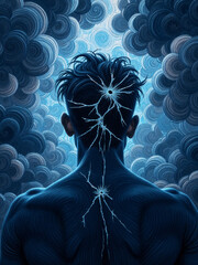 Shattered Mind in the Storm. This captivating artwork portrays the silhouette of a man viewed from behind, his head marked by fractures resembling cracks in glass.