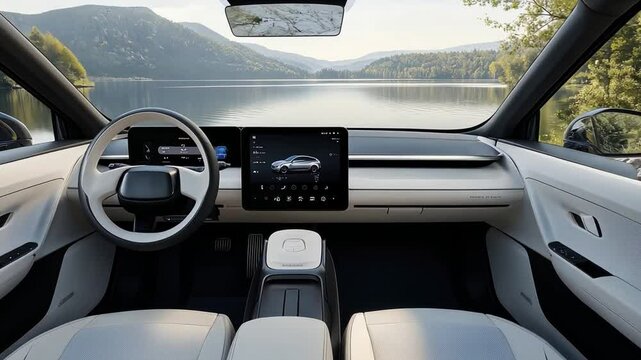 A completely digital dashboard, a central display that controls the entertainment and climate, and ultra-modern vegan leather seats characterize the interior of an electric car. 