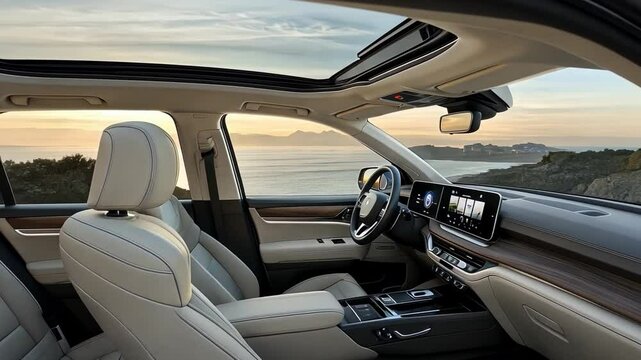 A completely digital dashboard, a central display that controls the entertainment and climate, and ultra-modern vegan leather seats characterize the interior of an electric car. 