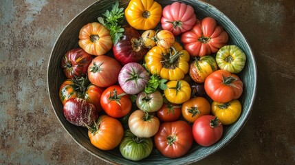 A colorful medley of heirloom tomatoes in different shapes and sizes, arranged in a bowl on a rustic table.