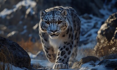 Fototapeta premium A snow leopard stalks through snowy rocks.