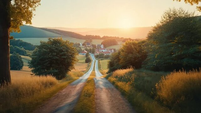 An emotional rural road stretching through a valley at dusk, lined with tall trees whose branches form a natural archway, leading towards a distant village glowing in the evening light.