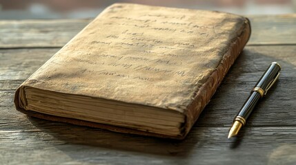 A close-up of an old journal lying on a wooden table